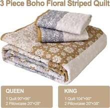 WONGS BEDDING Boho Quilt Set King, Yellow Bohemian Striped Patchwork Bedspread Coverlet Set With 2 Pillowcases,Lightweight Microfiber Floral Bedding Set 104"*90" - MàuD - Xem 6