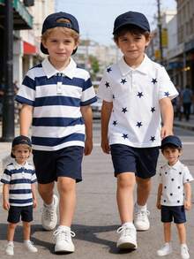 4pcs/Set Toddler Boys' Casual Classic Retro Style Contrast Color Striped/Star Pattern Polo Shirt With Loose Solid Color Shorts Set, Spring/Summer - Multicolor - View 2