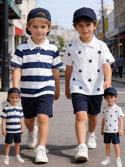 4pcs/Set Toddler Boys' Classic Retro Striped & Star Pattern Polo Shirt With Collar And Loose Solid Color Shorts Set, Suitable For Outdoor, Back To School, Commute, Social Gatherings, Spring/Summer