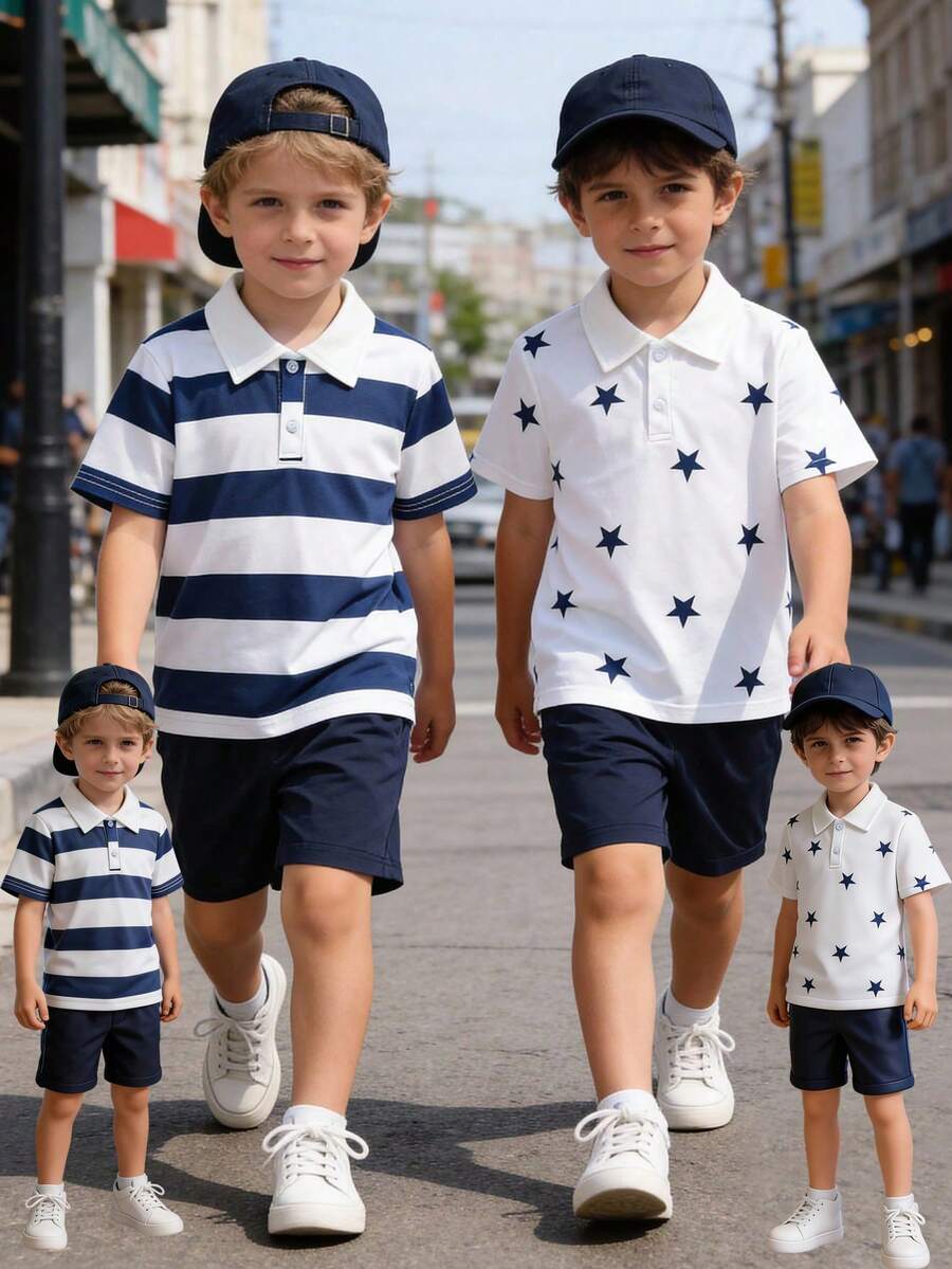 4pcs/Set Toddler Boys' Casual Classic Retro Style Contrast Color Striped/Star Pattern Polo Shirt With Loose Solid Color Shorts Set, Spring/Summer