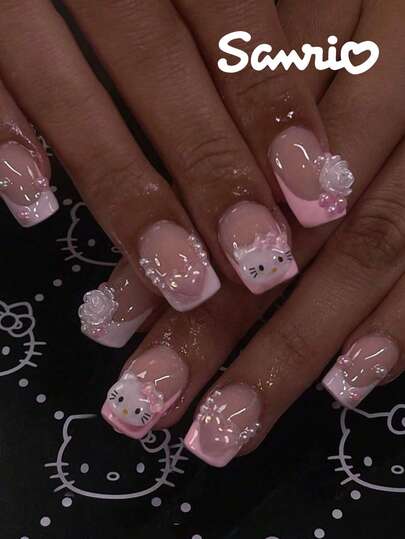  Sanrio Hello Kitty 24pcs Short Square Nail Sanrio French Tip Press On Nails Three-Dimensional Cute Hello Kitty Diamond With Heart, Flower ,Pearl Design False Nail Set ,Contain 1pc Jelly Glue And 1pc Nail File ,Nail Art Hello Kitty Nails For Women And Girls Daily Life And Party Use