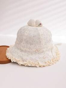1pc Ditsy Floral Princess Hat, Cute & Versatile Baby/Toddler Girl Sun Hat With Lace Trim, Suitable For Outdoor Activities, Fits Ages 1-3 - Floral Bunny Bowl Hat - View 6