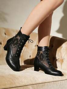 Retro Style Victorian Ankle Boots Lace Hollow Mesh Heel Shoes Fashionable Lace-Up Spliced Brogue Ladies High Heels Woman - Black - View 8