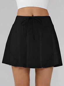 Never me Saia de Tênis Feminina de Cor Sólida com Bainha Franzida, Cintura Elástica com Cordão, Saia Casual Diária com Bolsos Embutidos para Celular e Bola de Tênis - Preto - Visão 3