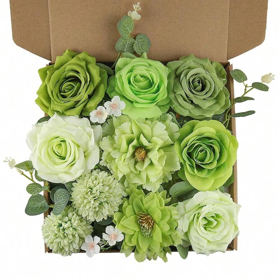 [Free Shipping]Artificial Flowers For Home Decorations: Green Silk Fake Flowers Bulk Boxed Set, Peony Roses Bouquets With Stems For Table Centerpiece, DIY Wedding, Bridal Shower, Graduation Cap & Tea Party - Green - 查看 1