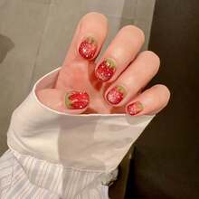 10Pcs Sweet And Cute Red Strawberry Nail Art Fruit Fake Nails Shiny Cat's Eye Short Spring And Summer Retro Hand Painted Nail Pieces Birthday Wedding Graduation Ceremony Decoration Removable Fake Nails - Kỷ nguyên - Xem 2