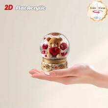 2D Flat Design, 1pc Rotating Snow Globe Desktop Decor With Plush Teddy Bear, Red Heart & Rose Pattern - 360 Degree Rotating Acrylic Dome With Glass Base, Gold Base, Suitable For Home, Office, Wedding, Valentine's Day Gift - Indoor/Outdoor Decoration, Romantic Souvenir, 2D Flat Design - Multicolor - View 6