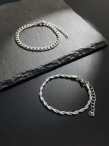 2pcs/Set Stainless Steel Chain Bracelet, Men's Simple & Stylish Vacation-Fashion Accessory, Birthday Gift - Silver - View 2
