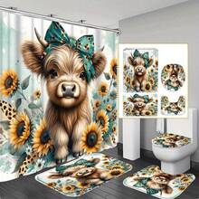 1/4 件套卡通图案浴室帘套装，防水浴帘，浴垫，U型马桶垫，马桶盖套，浴室装饰，带12个挂钩，非常适合作为节日礼物