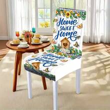 1/4/5/6/7/36pcs Spring & Summer Series Faux Distressed White Wood Grain Board, Paired With Blue & White Plaid Trim, Sunflower, Butterfly & Bird House Print Chair Cover/Seat Cushion Set, Suitable For Indoor Home, Dining Room, Hotel, Ideal For Modern Daily Decor. Tablecloth Fits Square Dining Table, Elastic Chair Cover Is Washable. - Multicolor - View 3