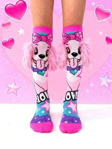 一双过膝袜——色彩缤纷的儿童装扮袜，趣味十足的疯狂袜子日礼物，女孩时尚过膝袜，卡通小狗设计，适合日常穿着和派对穿着 - 淺粉色 - 查看 2