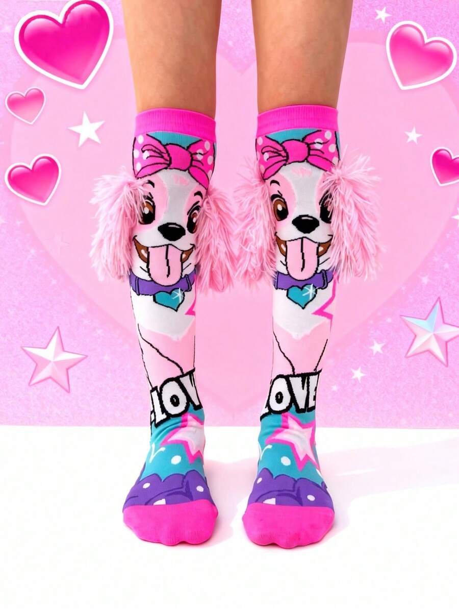 一双过膝袜——色彩缤纷的儿童装扮袜，趣味十足的疯狂袜子日礼物，女孩时尚过膝袜，卡通小狗设计，适合日常穿着和派对穿着