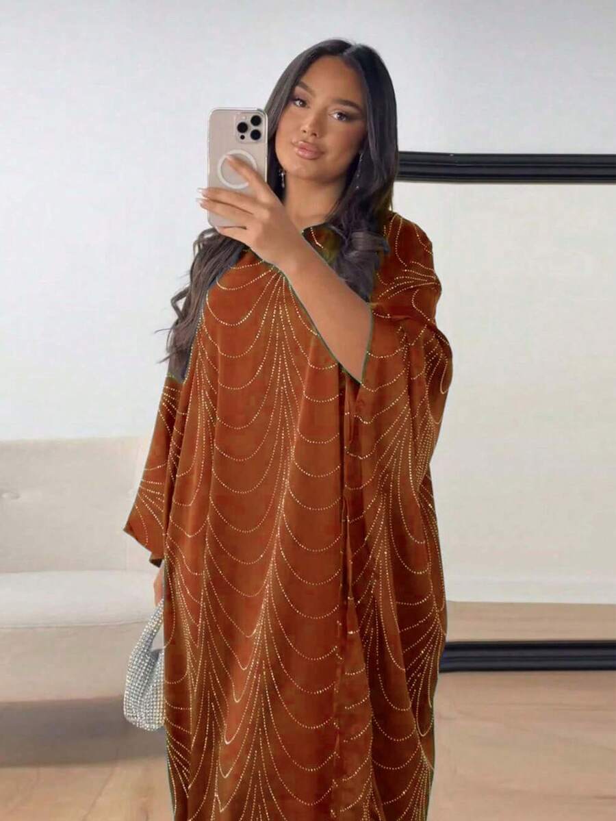 Nuevo cardigan tipo abaya con decoración de rhinestones, estilo suelto, para mujeres de Oriente Medio, Primavera/Verano 2025 - Rojo anaranjado - Ver 1