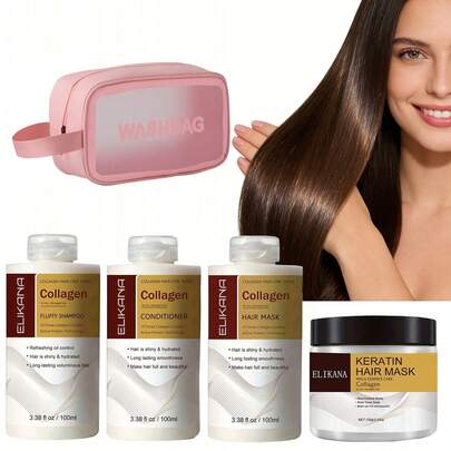 Set de 5 piezas de cuidado del cabello con colágeno - Incluye champú, acondicionador, mascarilla capilar ricos en colágeno y una bolsa cosmética, nutre profundamente el cabello para lograr un cabello brillante y hermoso, apto para todo tipo de cabello