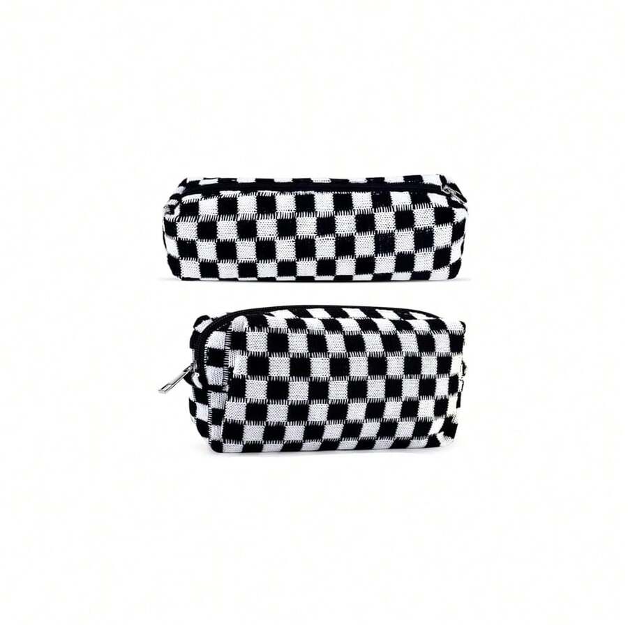 2Pcs Checkered Pencil Case Cute Pencil Pouch For Teens Checkered Makeup Bag Travel Cosmetic Bag Set Cute Makeup Pouch For Purse Portable Zippered Skincare Bags Preppy Toiletry Bags Organizer(Black) - BH-格子2件裝混黑色 - 查看 1