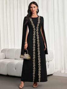 Women's Elegant Middle Eastern-Style Abaya Robes – Long-Sleeve, Patchwork/Solid-Color Options, Lace Trim, Suitable For Spring & Autumn, Graduation Ceremonies, Parties & Festival Celebrations - Black - View 4