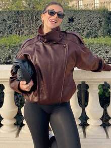 Women's Black PU Leather Jacket, Long Sleeve Zip-Up Bomber Jacket, Autumn/Winter Outerwear, Street Style - Burgundy - View 2