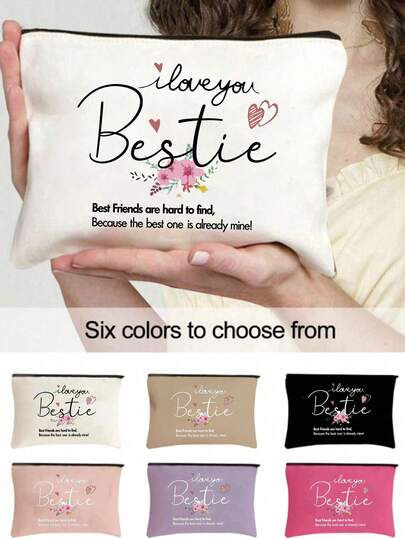Printed With "I Love You Bestie" Makeup Storage Bag,Big Capacity Women Travel Cosmetic Bag For Toiletries,Diy Storage Bag,Lightweight Foldable Storage Bag, Suitable For Personal Travel Cosmetics Storage, Travel Pouch Bag Toiletry Bag, Birthday, Makeup Tools For Travel Gift, Birthday Gift,Travel Essentials Dorm Essentials,Meet Daily Travel Needs, Ideal Gift For Friends, Loved Ones, Family