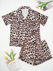 2pcs Womens Satin Pajamas Set Button Down 2 Piece Silk Pjs  Leopard Print  Shorts Set  Lingerie Notch Collar Sleepwear - Multicolor - View 1