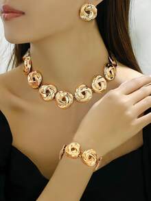 4pcs/Set Minimalist Metal Boho Twisted Knot, Rose Flower Pendant Necklace And Stud Earrings Jewelry Set For Women, Party/Date Accessories Gift Valentines,Mom,Mother,Mother's Day,Gift