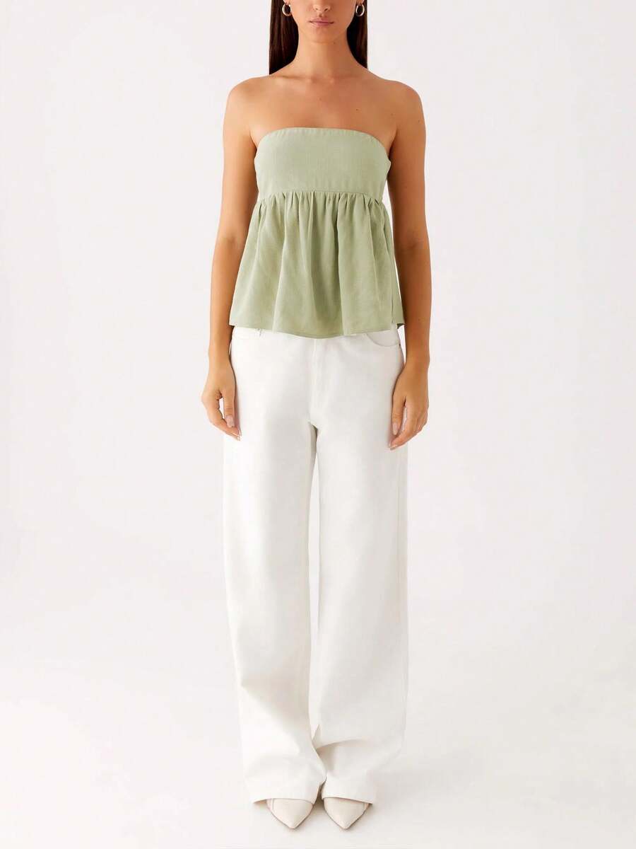 Womens Strapless Loose Fit Tube Top, Solid Colour Sleeveless Bandeau Shirt For Summer Casual And Holiday Wear - 綠色 - 查看 1