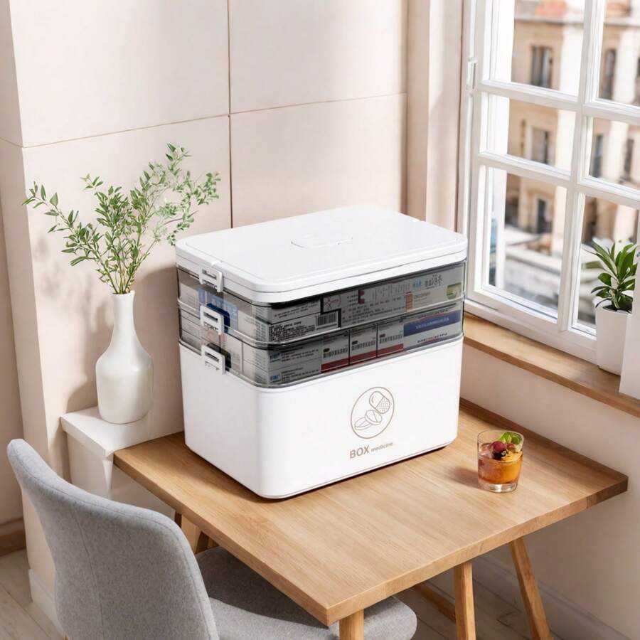 Waterproof Multi-Layer Medicine Storage Box - Portable Family Emergency Organizer With Snap Closure, Made Of Durable Plastic, Large Rectangular Home Medicine Cabinet With Multiple Compartments, Carrying Case For Family Emergency First Aid Kit, Three-Layer Medicine Storage Container With Flip-Top Lid - Large Family Emergency Organizer, Snap Closure, Durable Plastic, Multi-Layer Waterproof Box, Storage Boxes For Organizing - 白色 - 查看 1