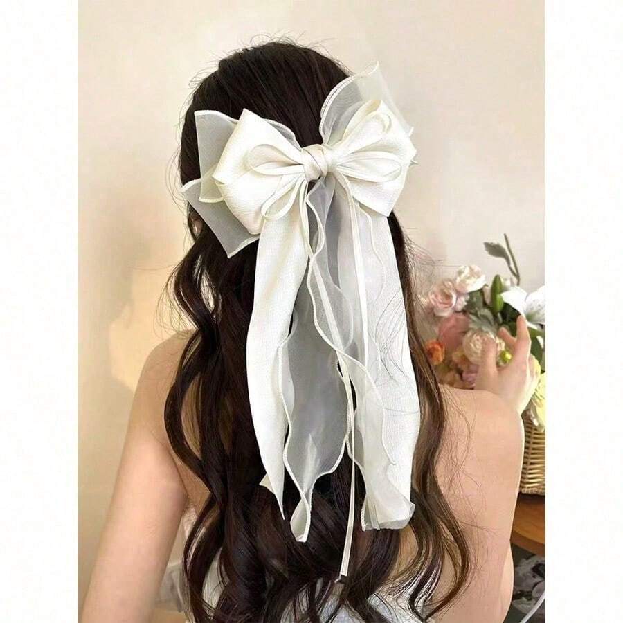 1pc Beige Mesh Hair Clip With Heart Print, Large Bowknot And Spring Clip, Elegant And Gentle Hair Accessory Hair Bow For Spring Valentine's Day, School Stuff, College, Bows, Cute, Hair Accerssories - 米 - 查看 1