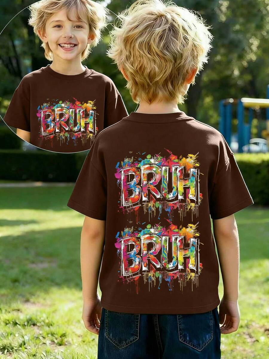 T-shirt à col ras-du-cou à manches courtes avec imprimé slogan minimaliste décontracté pour garçons, nouveaux vêtements d'été pour garçons - Tabac - Voir 1