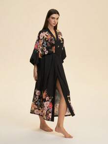 Áo choàng kimono in họa tiết phong cách retro rộng rãi, thanh lịch, thích hợp mặc ở nhà, thắt eo, kiểu dáng thoải mái, đồ ngủ nhẹ nhàng mùa hè, thích hợp mặc ngoài biển, áo tắm. - màu đen - Xem 6