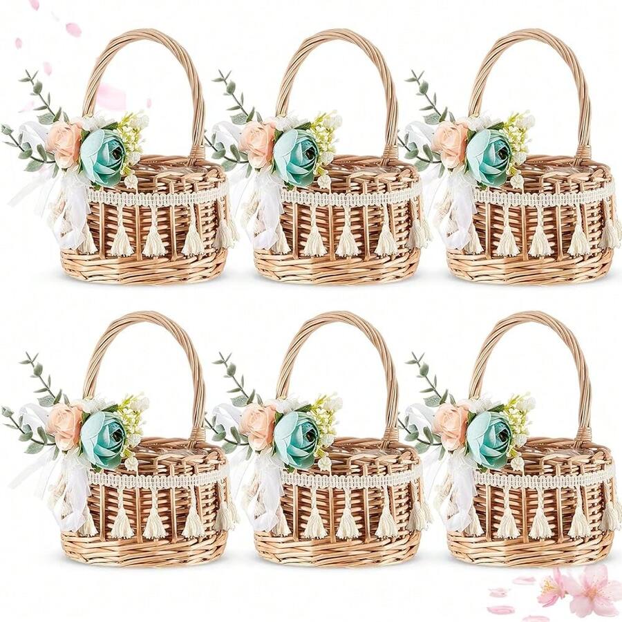6 Pcs Rattan Woven Flower Basket For Wedding Handwoven Rustic Wicker Floral Storage Basket With Artificial Flowers Decorative And Handle For Home Wedding Birthday Decor (Blue) - 藍色 - 查看 1