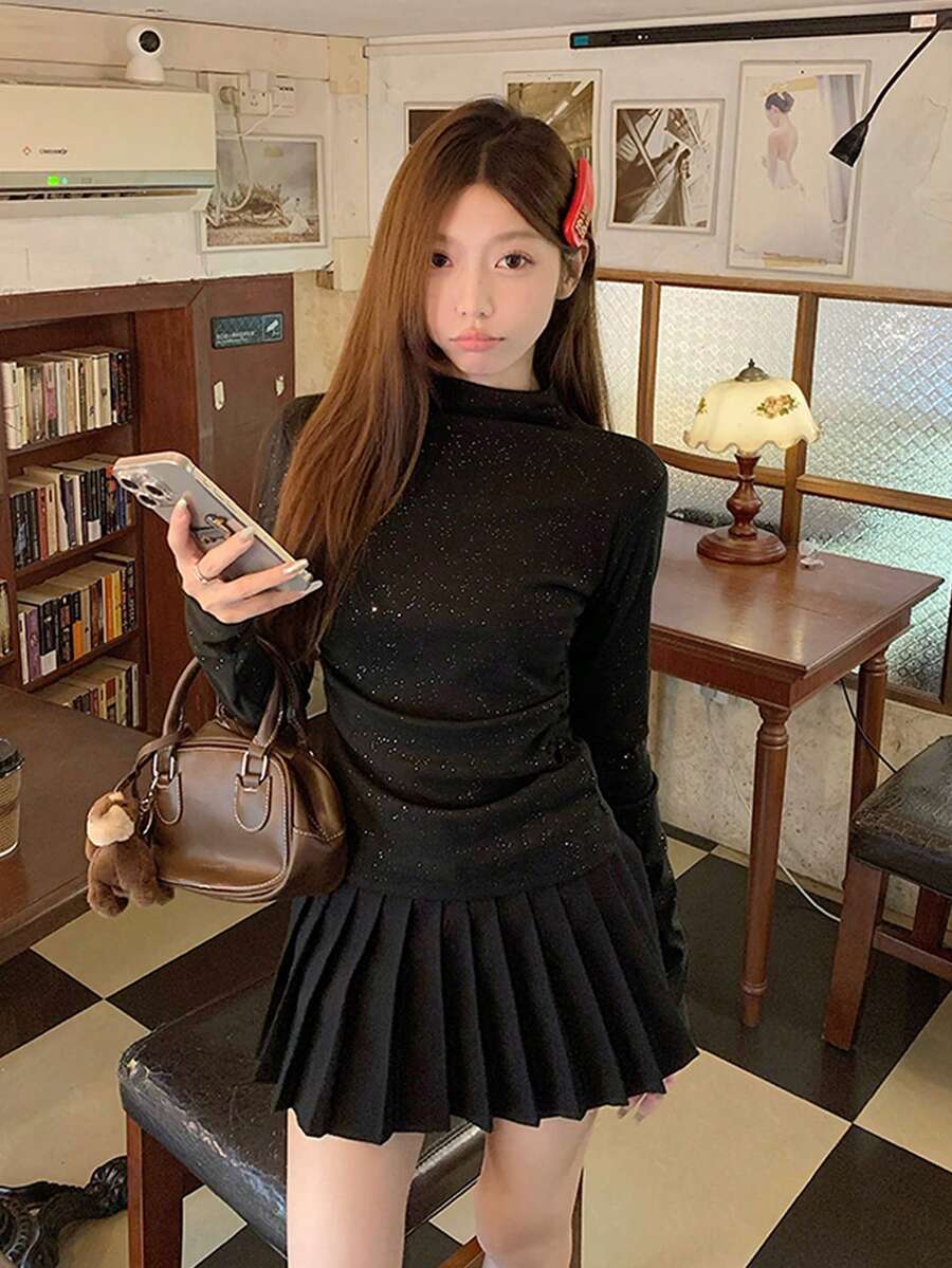 修身高领罗纹针织上衣，优雅设计 - 黑色 - 查看 1