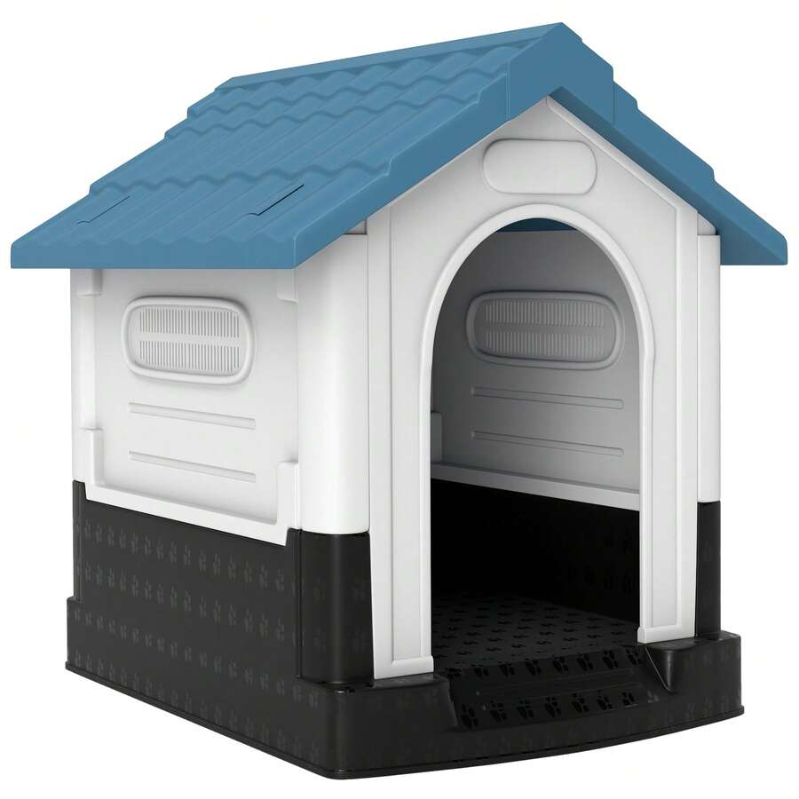 PawHut Cuccia per Cani da Esterno in Plastica, Casetta per Cani Piccoli e Mini con Finestre, Tetto Spiovente e Base Rialzata, 64.5x57x66 cm, Blu - Tagli Unica - Visualizzare 1