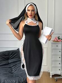 Set de 3 piezas de lencería sexy de monja con diseño calado para mujer, disfraz de tentación e intimidad, para rave - Negro - Ver 1
