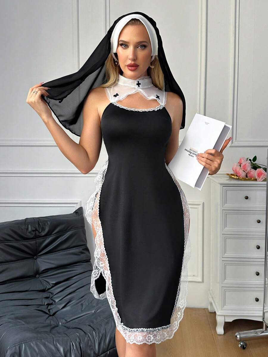 Set de 3 piezas de lencería sexy de monja con diseño calado para mujer, disfraz de tentación e intimidad, para rave - Negro - Ver 1