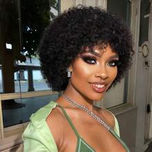 黑色非裔蓬松卷曲精灵短假发，真人发丝，全机织，自然色，不打结，适合女性日常造型。 - Natural Black - 查看 1