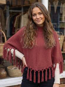 Womens Sweater Ponchos High Neck Loose Fit Solid Color Winter Tassel Capes And Shawls - Burgundy - View 2