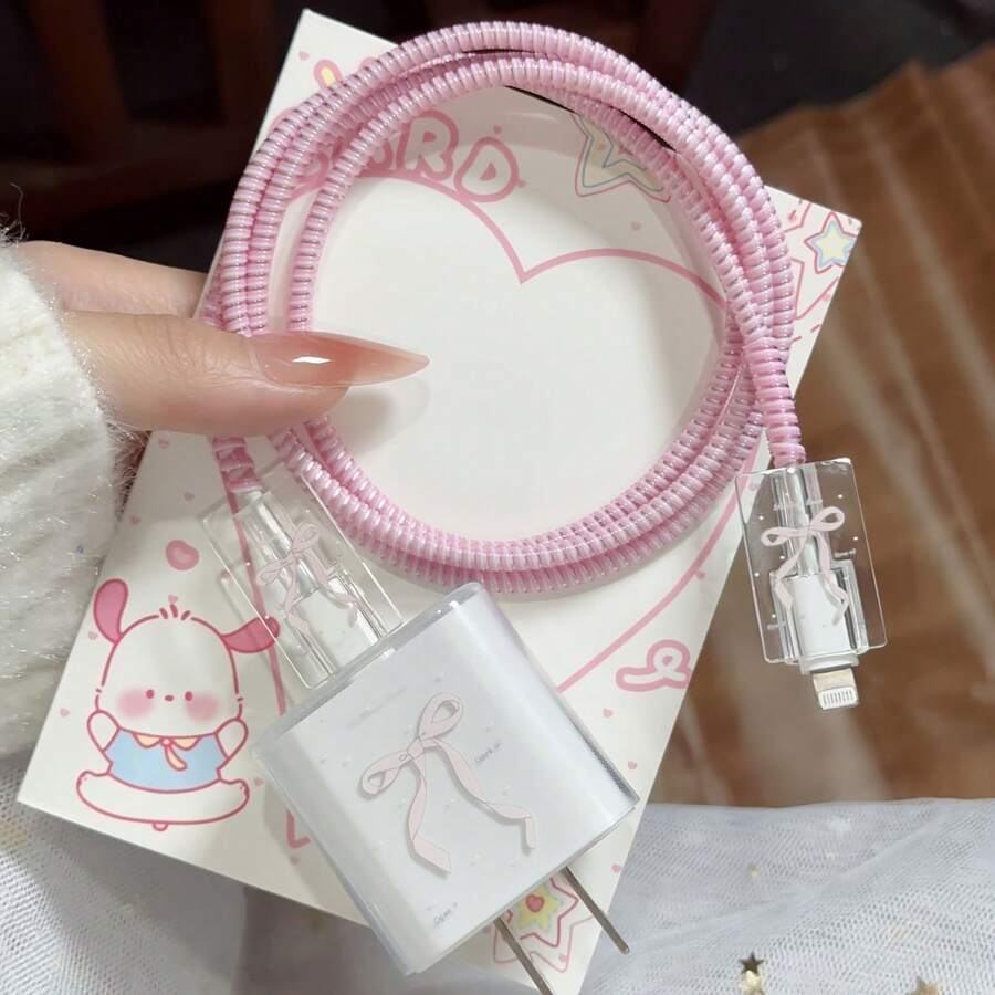 Pink Ribbon Bow Data Cable Apple 15 Charger Protective Case 20 Pro Max Compatible With 13 14 Fast Charging Wrap - 領結 - 查看 1