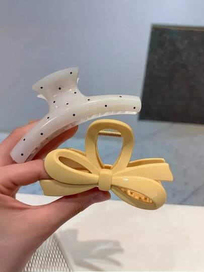 2pcs/1pc Women's French Cream Criss-Cross Bow Tie Clips, Versatile White Polka Dot Curved Hair Claw Hair Accessories, Fashionable, Elegant, Minimalist, Solid Color Hair Claws, Suitable For Daily, Casual, Party, Beach, Vacation, Hairstyling, Face/Hair Washing, Makeup, Outfit Accessories, Autumn/Winter/Spring/Summer Hair Clips Women Claw Clip