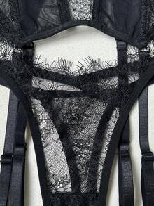 Women's Lace Sexy Bodysuits With Garter Belt (Including Pantyhose) - Black - View 8