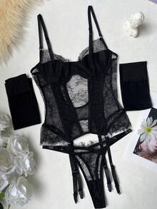 Women's Lace Sexy Bodysuits With Garter Belt (Including Pantyhose) - Black - View 3