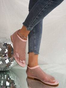 Sandálias femininas com estampa de strass, solado macio e vazado, calçados de praia leves e brilhantes, sapatos femininos sensuais, sandálias rasteiras com decoração de strass. - Rosa - Ver 2