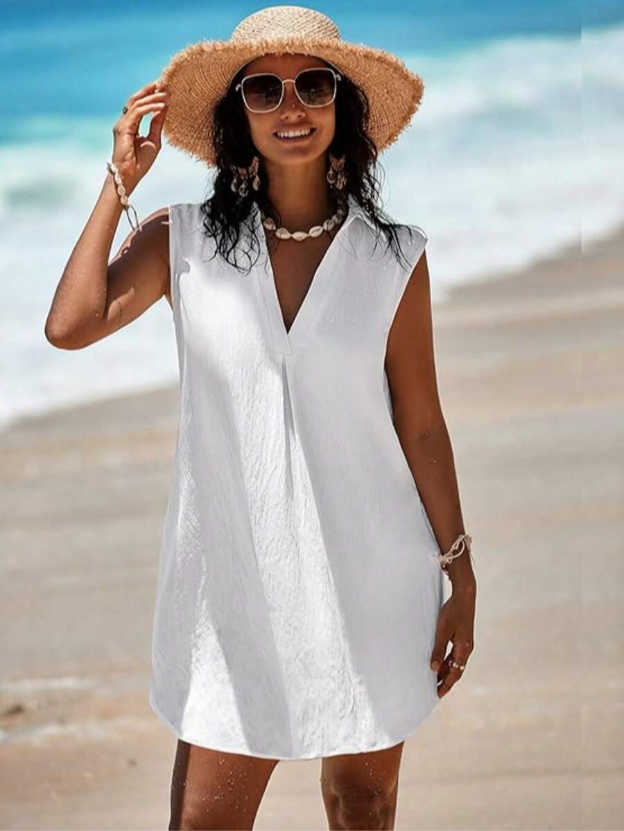 女士无袖泳衣罩衫，V领泳衣罩衫，夏季泳装，比基尼沙滩裙 - 白色 - 查看 1