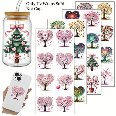 32 piezas Pegatinas de transferencia UV con tema del árbol de la vida, calcomanías de plástico resistentes al agua con hojas coloridas y acentos florales, calcomanías de plástico con tema del árbol del amor para vasos de 16 onzas, paquete de manualidades de alta calidad para tumblers y vajilla