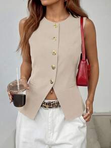 Women Casual Sleeveless Blazers Button Down Pockets Fitted Suit Vest Business Office Work Spring Summer Outfits Tops - 米色 - 查看 1