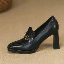 Women's Fashion Square Toe Slip-On Pumps, Black Or Brown Color Options, Metal Buckle Decor, Chunky Heel, Versatile High Heels - Black - View 2