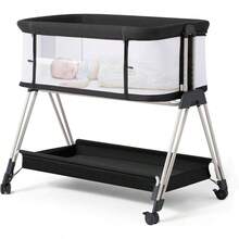 ccFodoss Cuna Moisés para Bebé con Ruedas y Bandeja de Almacenamiento Moisés de Lado de Cama con Malla de Lados para Bebés/Recién Nacidos Cuna de Lado de Cama Ajustable en Blacknn - Tweed gris oscuro - Ver 1