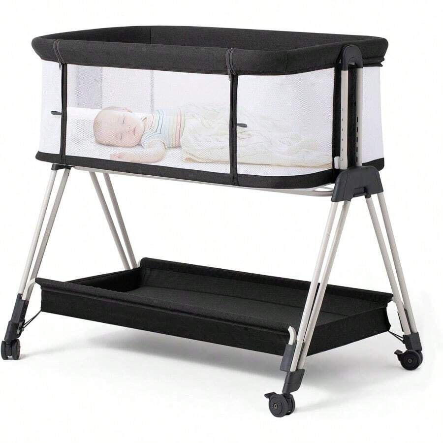 ccFodoss Cuna Moisés para Bebé con Ruedas y Bandeja de Almacenamiento Moisés de Lado de Cama con Malla de Lados para Bebés/Recién Nacidos Cuna de Lado de Cama Ajustable en Blacknn - Tweed gris oscuro - Ver 1