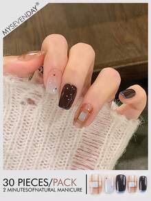 30pcs Short Square/Colorblock Plaid Polka Dot French Tip Nail Stickers, Enhance Your Elegance, Includes Gel Glue & Applicator Strips, Reusable For DIY Manicure, Daily Essential Nails Nail Supplies - Multicolor - View 1