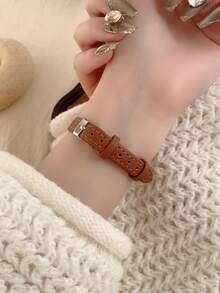 1pc Square Leather Women's Quartz Watch Exquisite And Fashionable Suitable For Daily Matching Birthday/Graduation Gifts Party - Brown - View 5