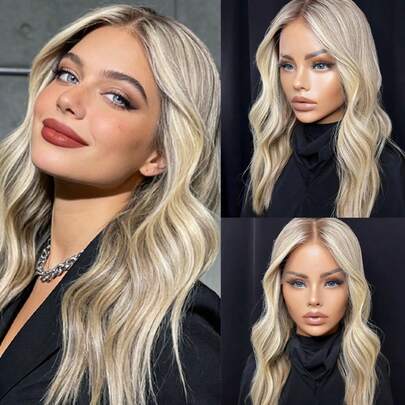 Peluca sintética de encaje frontal con mechas rubio platino claro degradado para mujeres, de longitud media y larga, para uso diario, fiestas y cosplay, con encaje transparente de 13x4 sin pegamento, en colores marrones mezclados